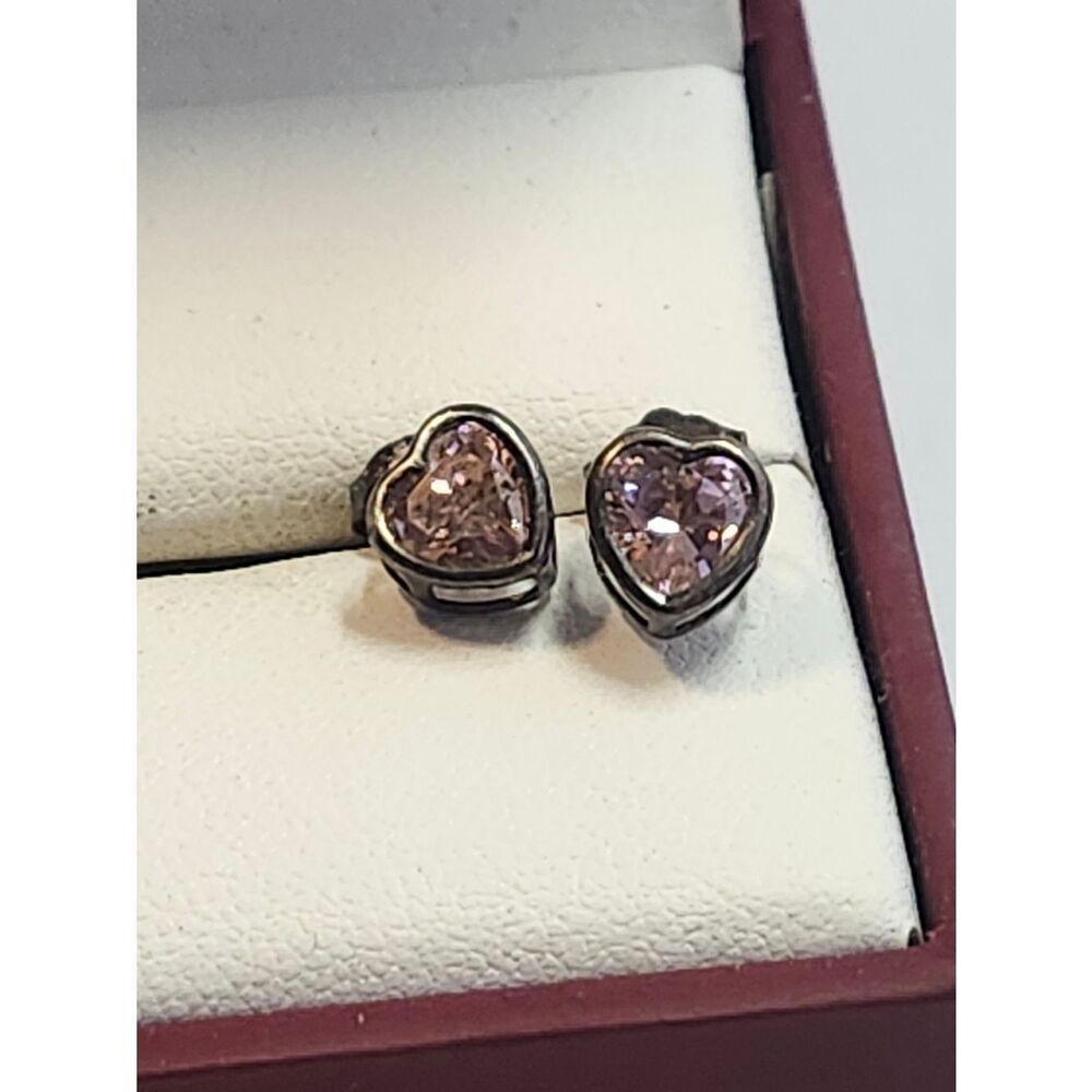 Oxidized Sterling Silver Heart Crystal Stud Earrings - Pink Heart Accent